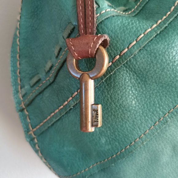 Vintage Fossil Teal Patchwork Boho Leather Shoulder Bag with Leather Tassel - Picture 4 of 11